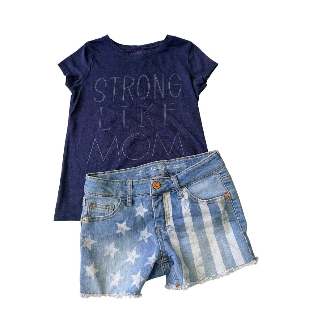Cat & Jack Girls Medium Patriotic Tee & Flag Shorts Set